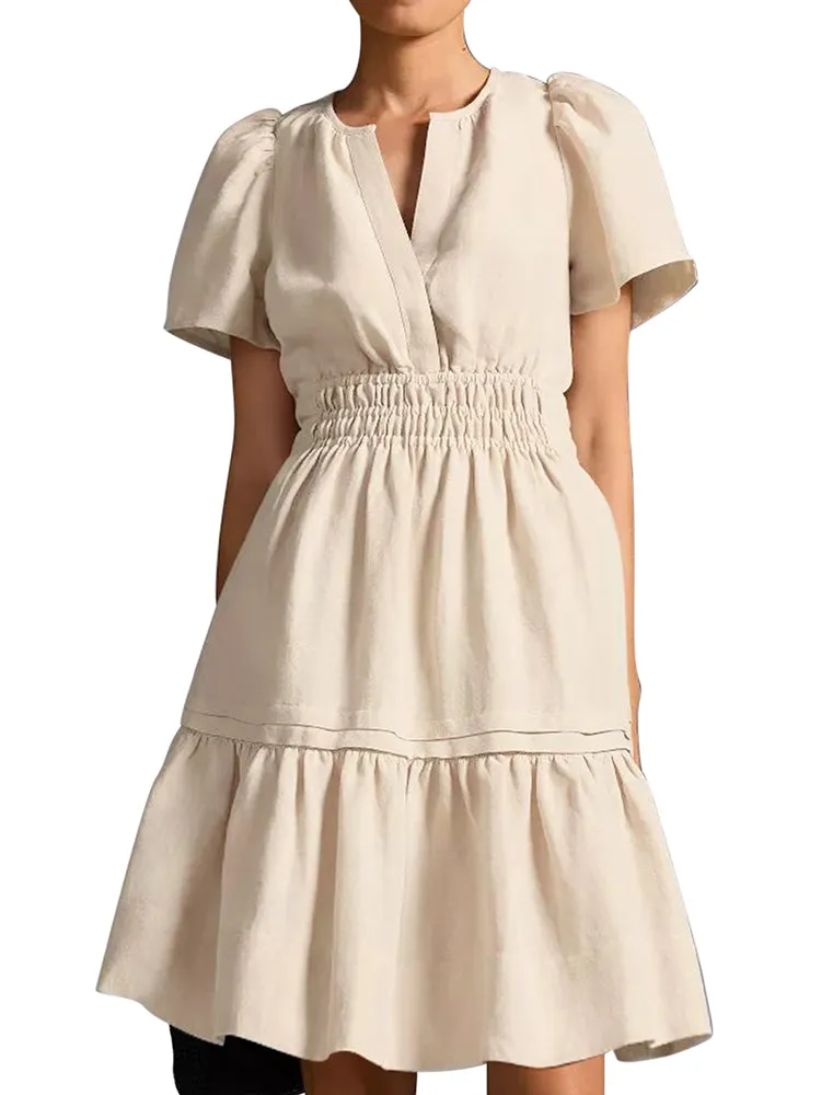 Women Summer Short Sleeve V Neck Casual Beach Mini A-Line Ruffle Flowy Dress
