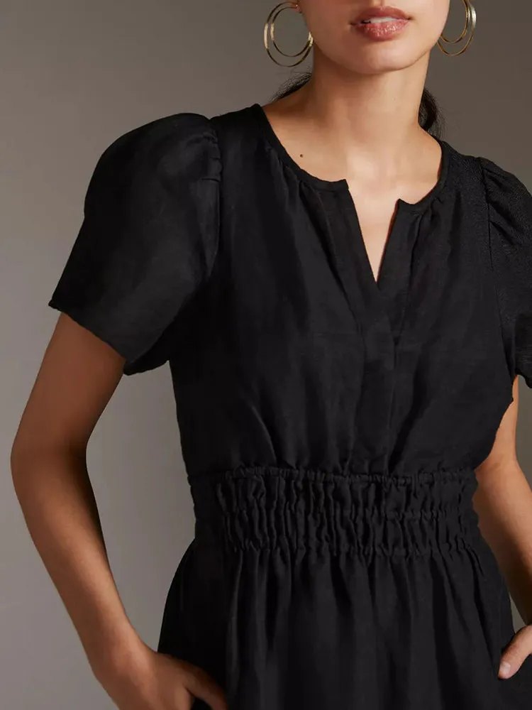 Women Summer Short Sleeve V Neck Casual Beach Mini A-Line Ruffle Flowy Dress