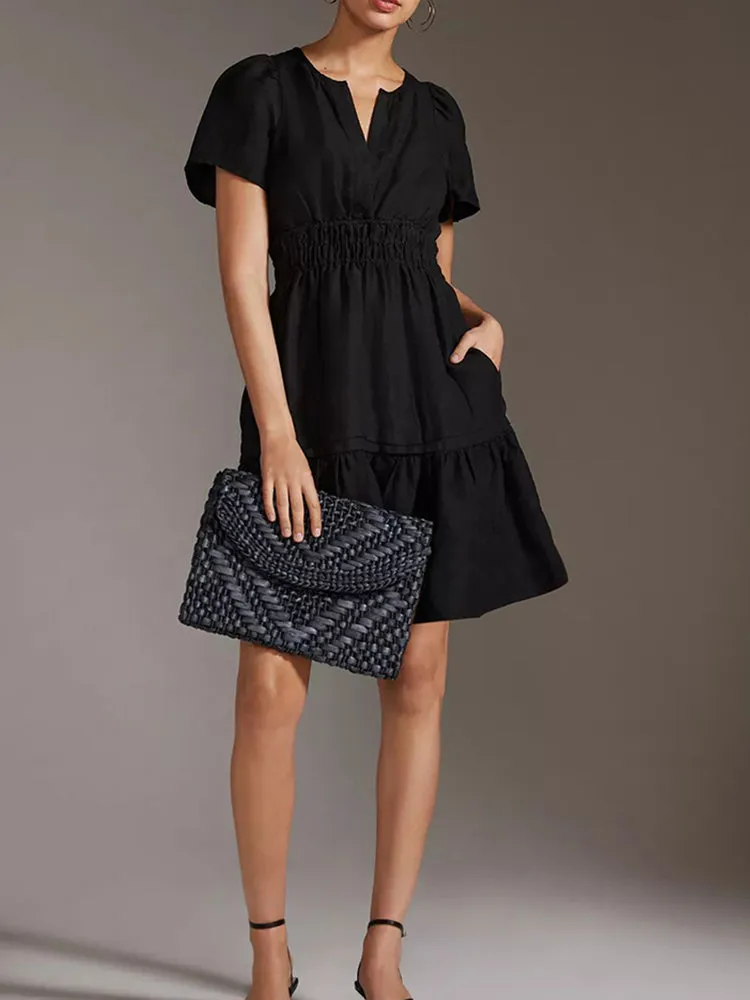 Women Summer Short Sleeve V Neck Casual Beach Mini A-Line Ruffle Flowy Dress