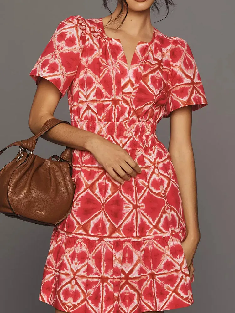 Women Summer Short Sleeve V Neck Casual Beach Mini A-Line Ruffle Flowy Dress