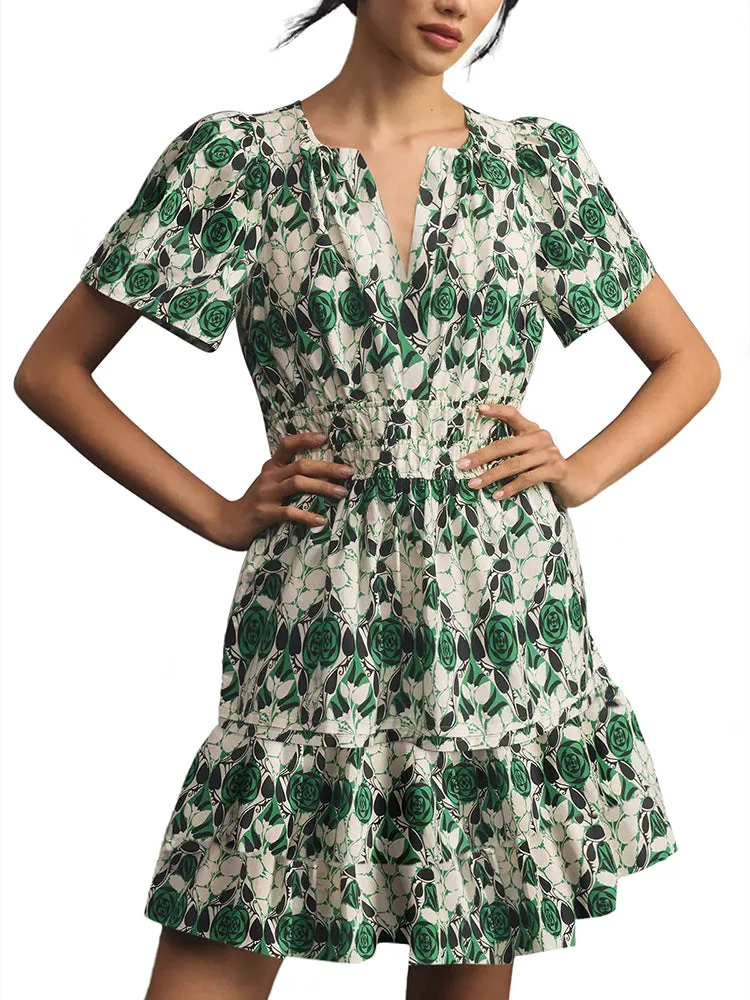 Women Summer Short Sleeve V Neck Casual Beach Mini A-Line Ruffle Flowy Dress