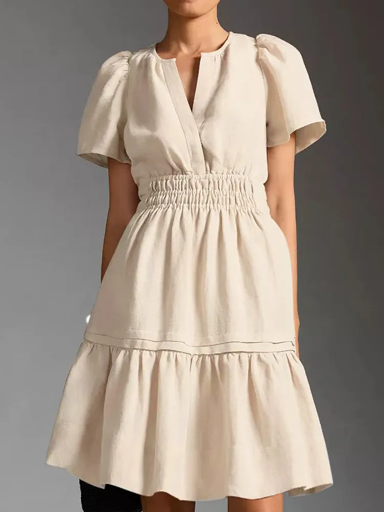 Women Summer Short Sleeve V Neck Casual Beach Mini A-Line Ruffle Flowy Dress