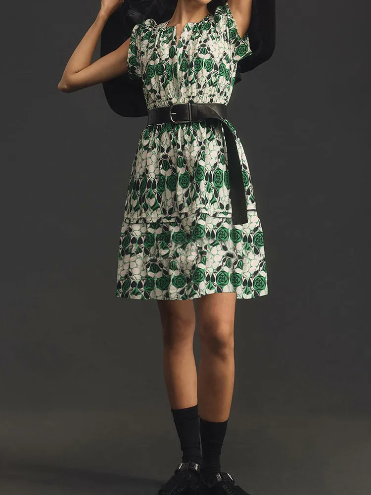 Women Summer Short Sleeve V Neck Casual Beach Mini A-Line Ruffle Flowy Dress