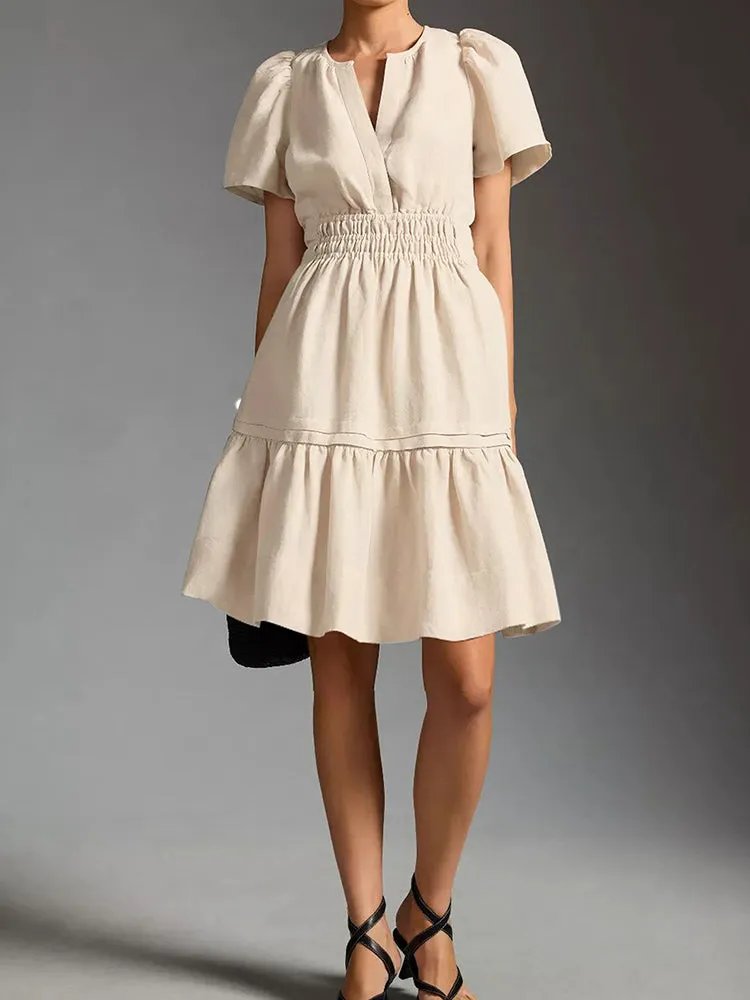 Women Summer Short Sleeve V Neck Casual Beach Mini A-Line Ruffle Flowy Dress