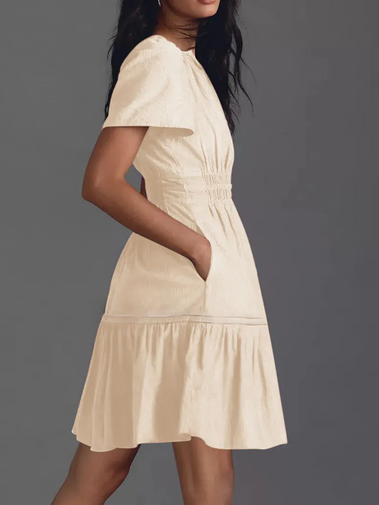 Women Summer Short Sleeve V Neck Casual Beach Mini A-Line Ruffle Flowy Dress