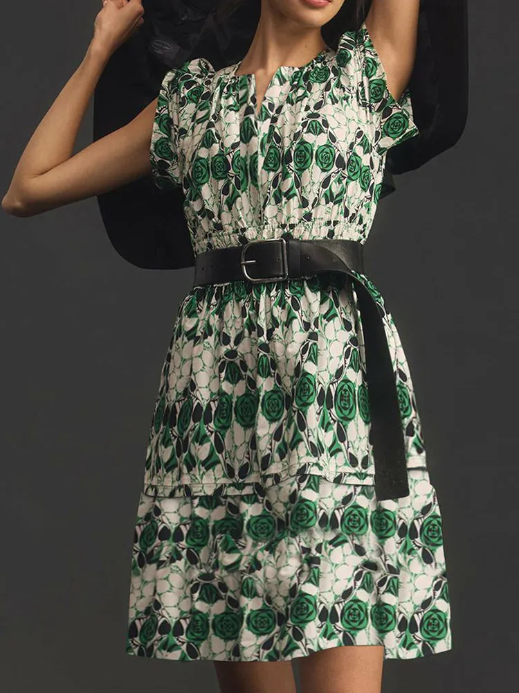 Women Summer Short Sleeve V Neck Casual Beach Mini A-Line Ruffle Flowy Dress