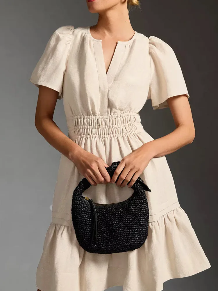 Women Summer Short Sleeve V Neck Casual Beach Mini A-Line Ruffle Flowy Dress