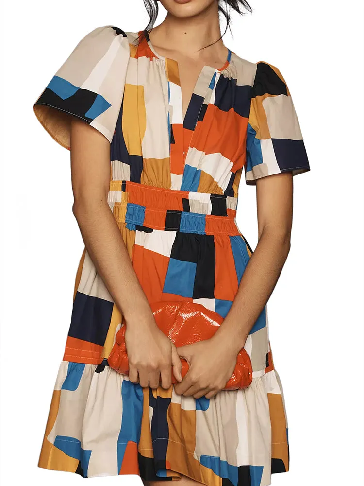 Women Summer Short Sleeve V Neck Casual Beach Mini A-Line Ruffle Flowy Dress