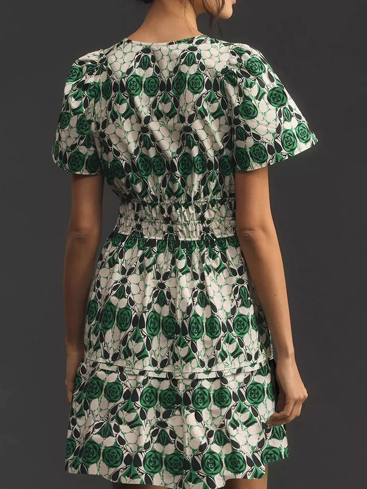 Women Summer Short Sleeve V Neck Casual Beach Mini A-Line Ruffle Flowy Dress