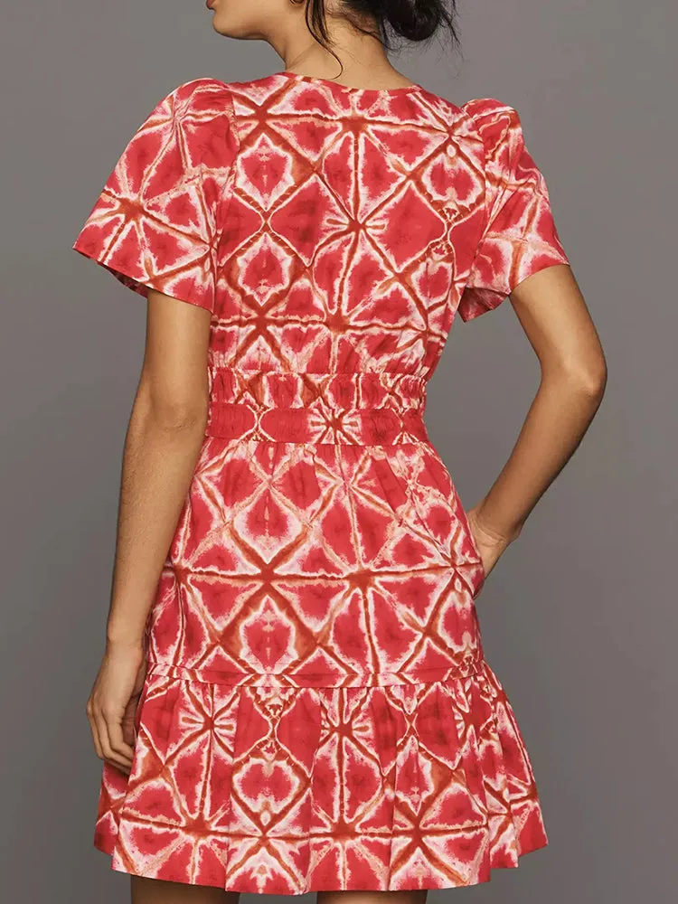 Women Summer Short Sleeve V Neck Casual Beach Mini A-Line Ruffle Flowy Dress
