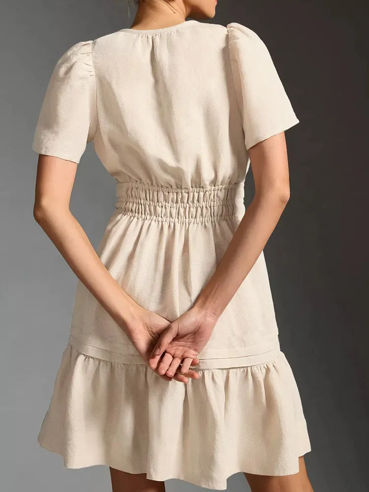 Women Summer Short Sleeve V Neck Casual Beach Mini A-Line Ruffle Flowy Dress