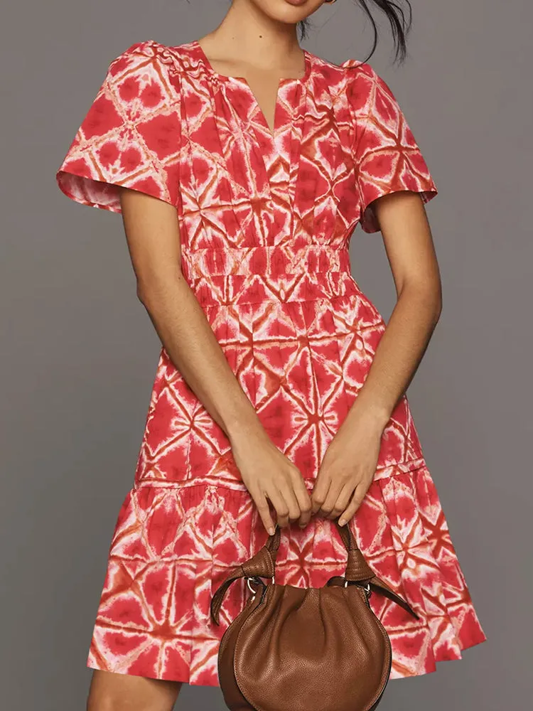 Women Summer Short Sleeve V Neck Casual Beach Mini A-Line Ruffle Flowy Dress