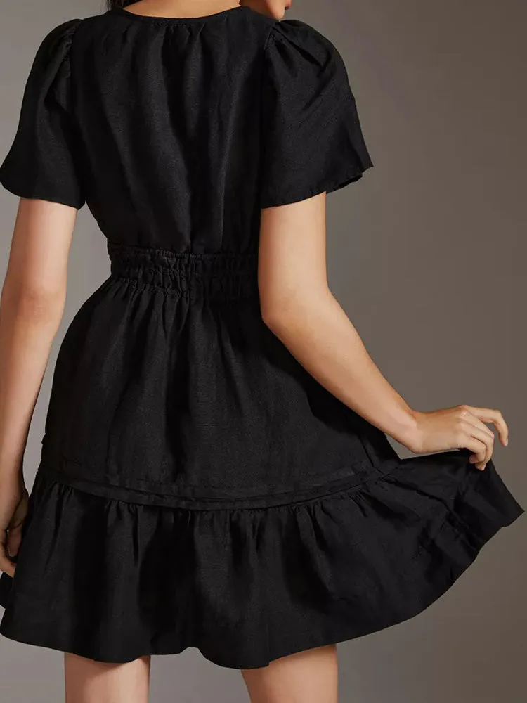 Women Summer Short Sleeve V Neck Casual Beach Mini A-Line Ruffle Flowy Dress