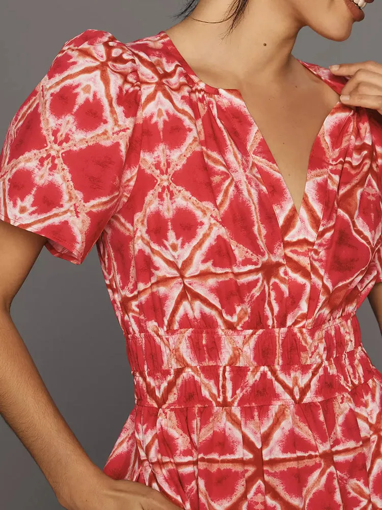 Women Summer Short Sleeve V Neck Casual Beach Mini A-Line Ruffle Flowy Dress