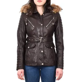 Women's Real Leather Coat Detachable Hoodie Waist Belt Brown Sonnet