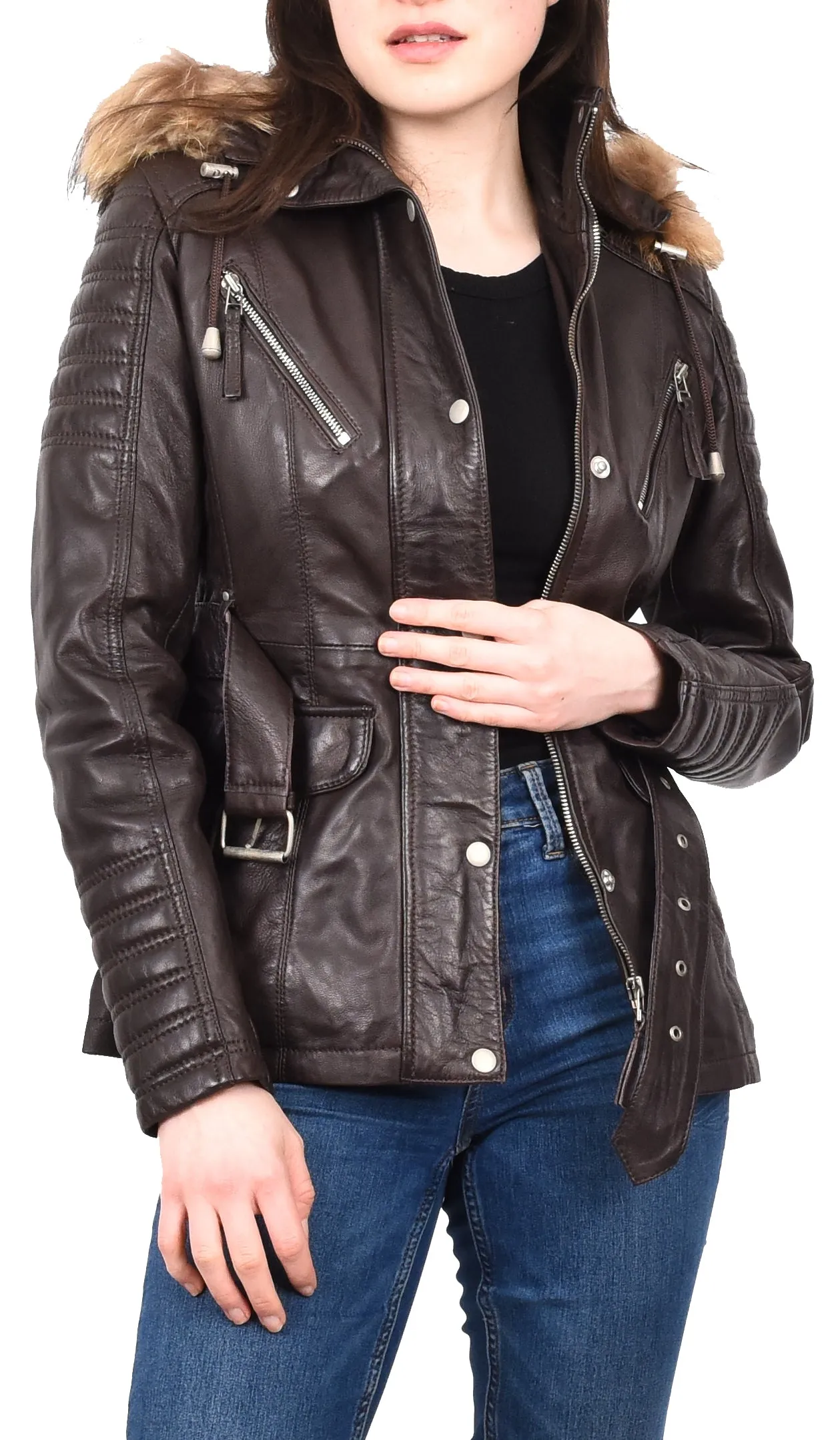 Women's Real Leather Coat Detachable Hoodie Waist Belt Brown Sonnet
