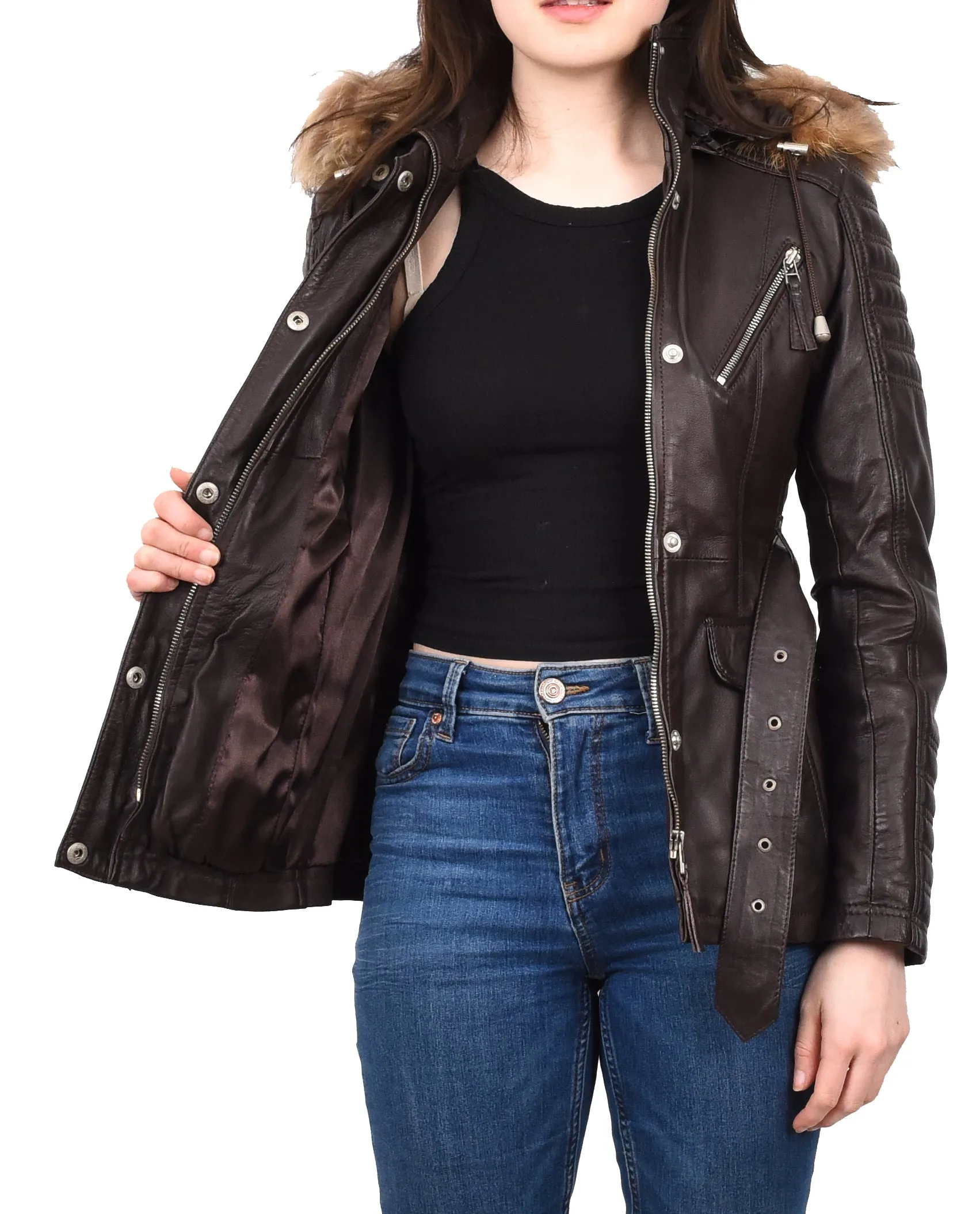 Women's Real Leather Coat Detachable Hoodie Waist Belt Brown Sonnet