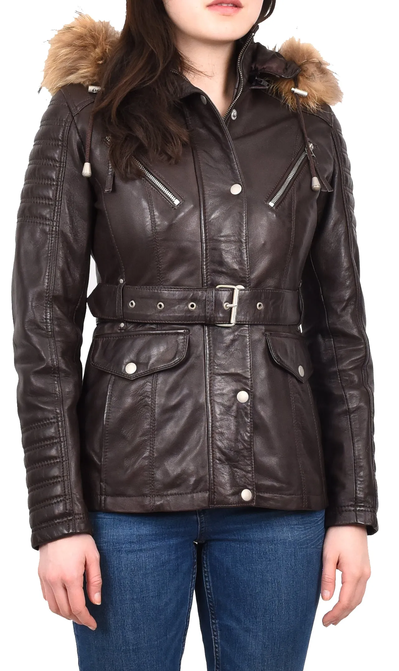 Women's Real Leather Coat Detachable Hoodie Waist Belt Brown Sonnet