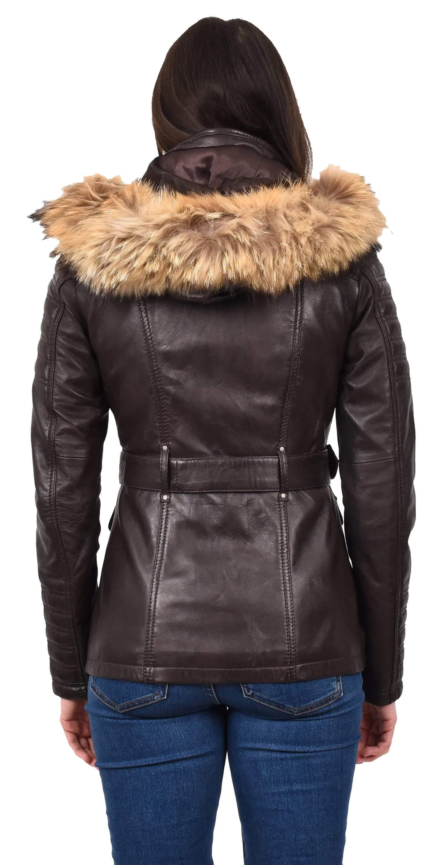 Women's Real Leather Coat Detachable Hoodie Waist Belt Brown Sonnet
