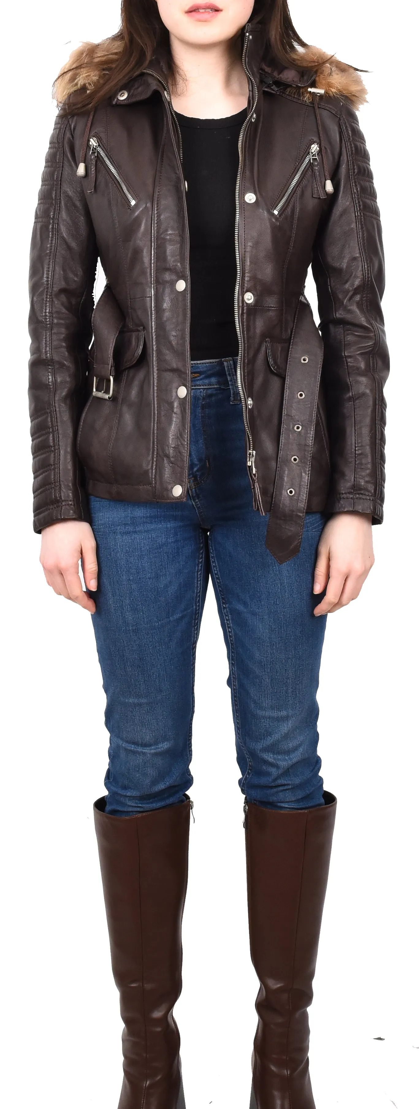 Women's Real Leather Coat Detachable Hoodie Waist Belt Brown Sonnet