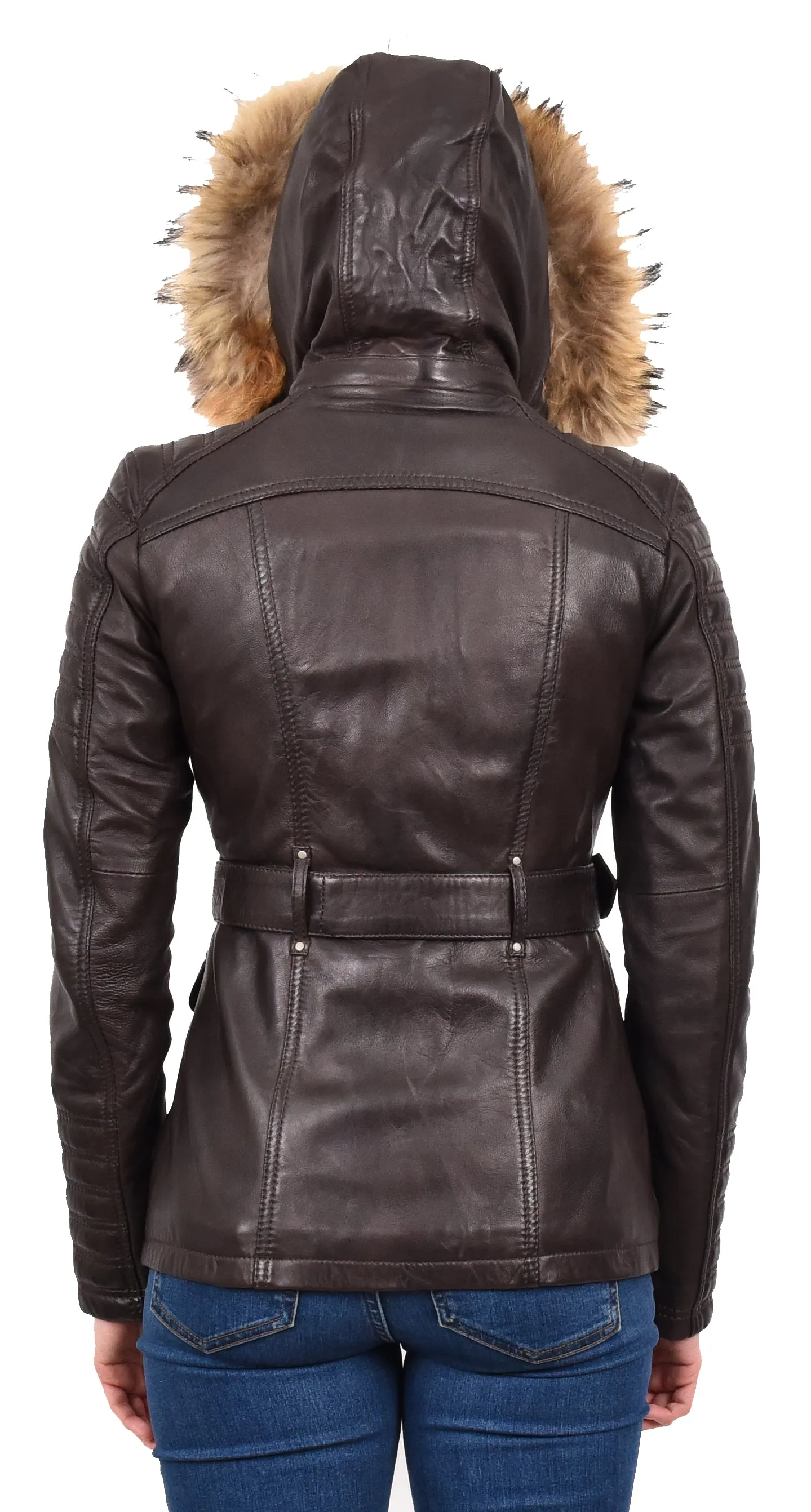 Women's Real Leather Coat Detachable Hoodie Waist Belt Brown Sonnet