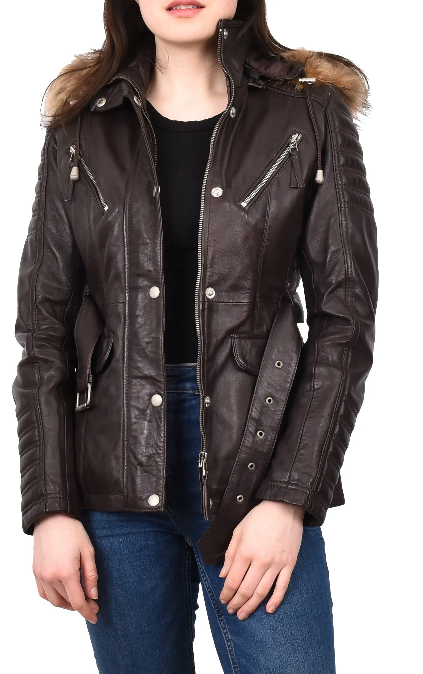 Women's Real Leather Coat Detachable Hoodie Waist Belt Brown Sonnet