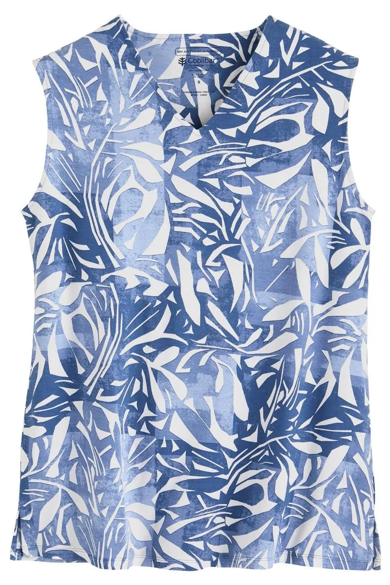 Women's Vedra V-Neck Tunic Top  |  Contemporary Blue Abstract Leaves